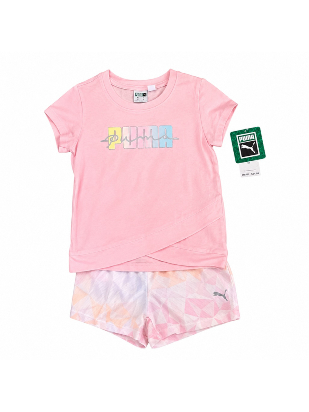 Puma 2 Piece Graphic Tee & Shorts Set 4T Chalk Pink Cross-Front Hem NWT